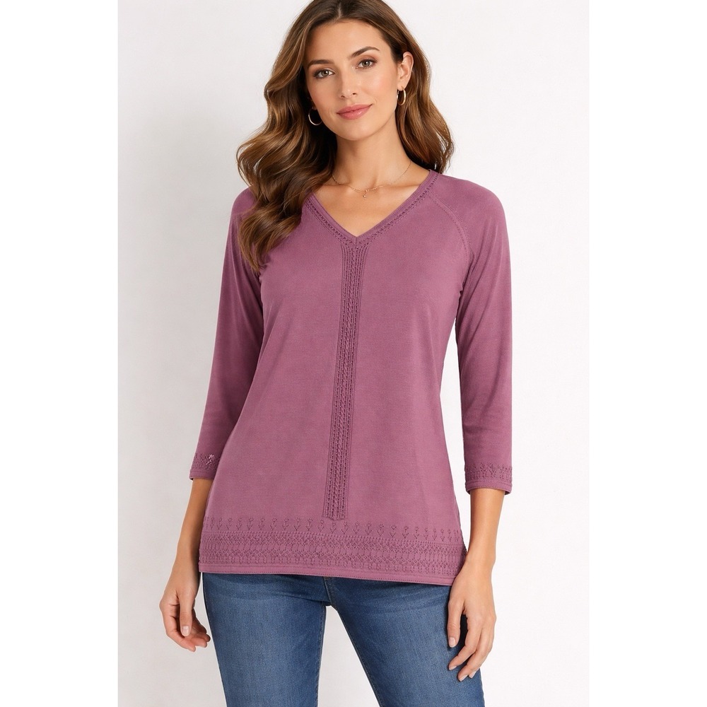 Jones New York Women Purple Ribbed V-Neck Pullover 3/4 Sleeve XL Beaded Casual‎